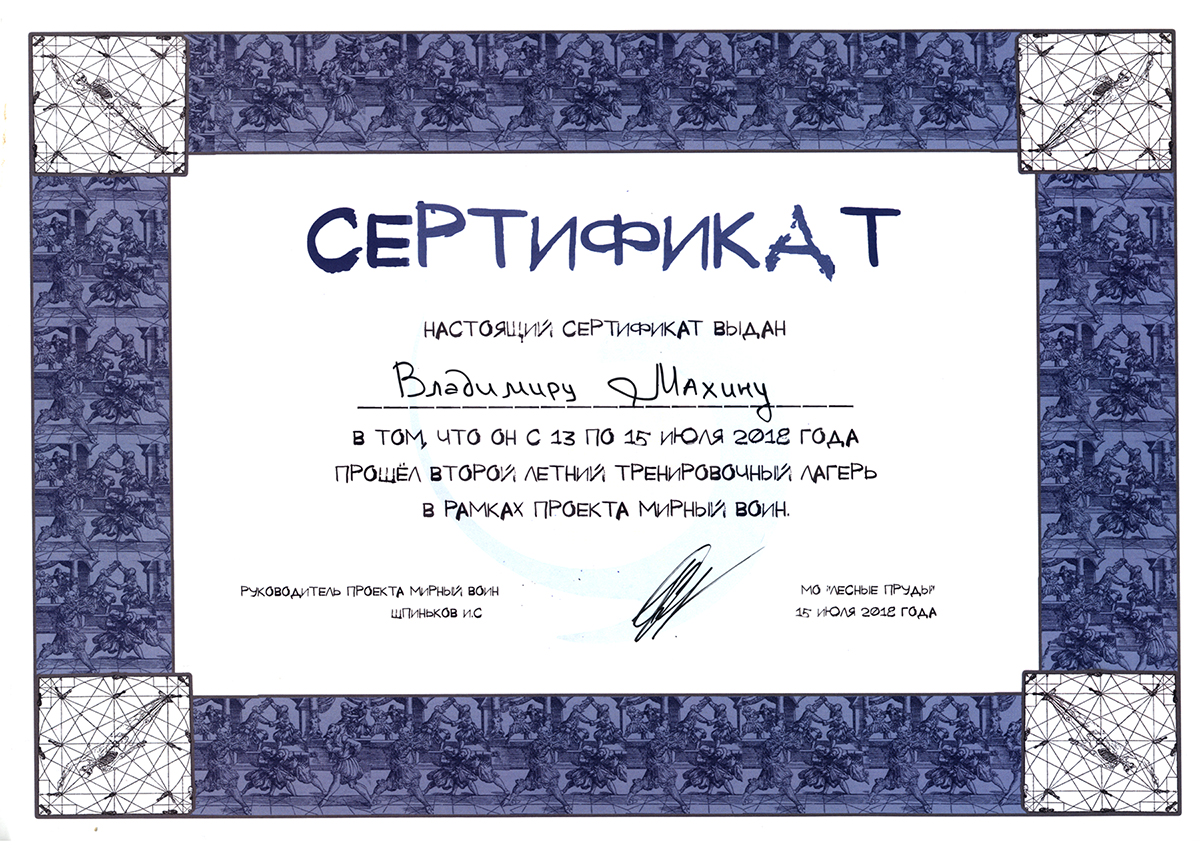 Сертификат Летний тренировочный лагерь "Мирный Воин", мастер Игорь Шпиньков.